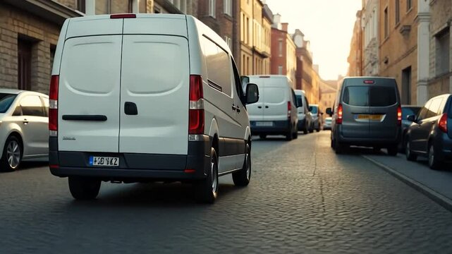 Delivery vans city traffic sunset cobblestone street