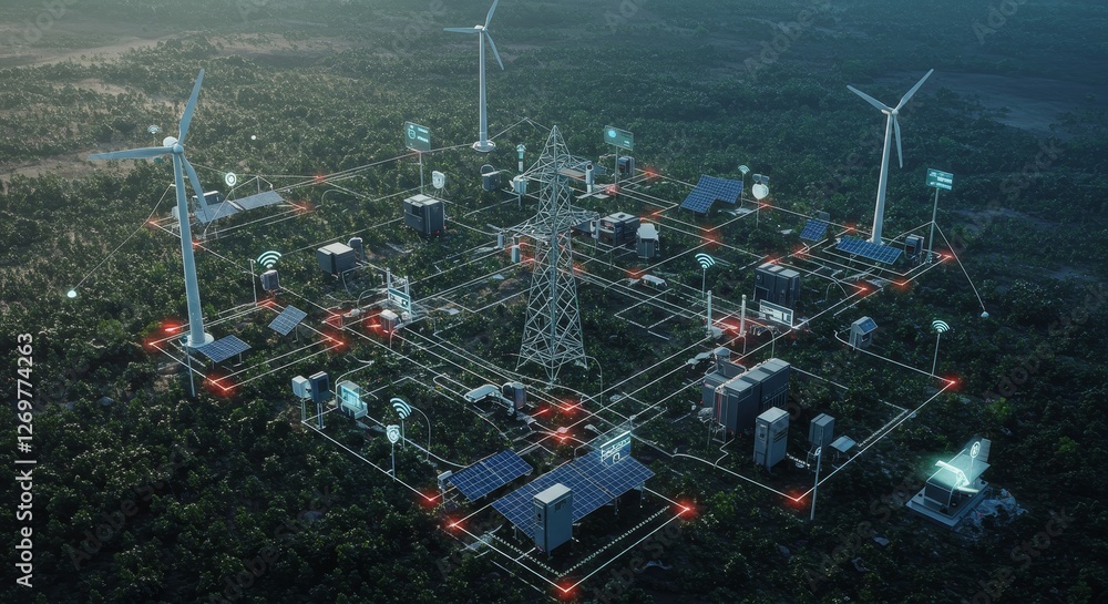Poster renewable energy grid network concept - a futuristic representation of a renewable energy grid with 