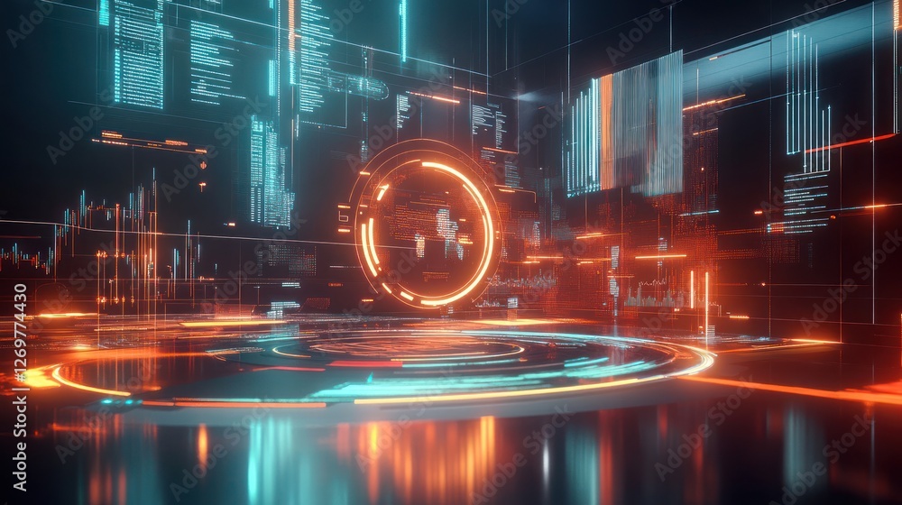 Poster futuristic data visualization and technology interface with glowing elements