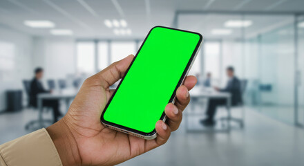Hand Holding Smartphone with Green Screen in Office Environment - A hand displaying a smartphone with a green screen, set in a modern office with blurred colleagues working in the background