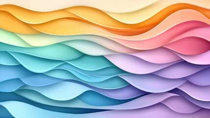 Fototapeta premium Colorful layered waves soft abstract design create tranquil and harmonious visual effect. smooth gradient transitions between pastel shades of blue, purple, pink, orange, and yellow enhance