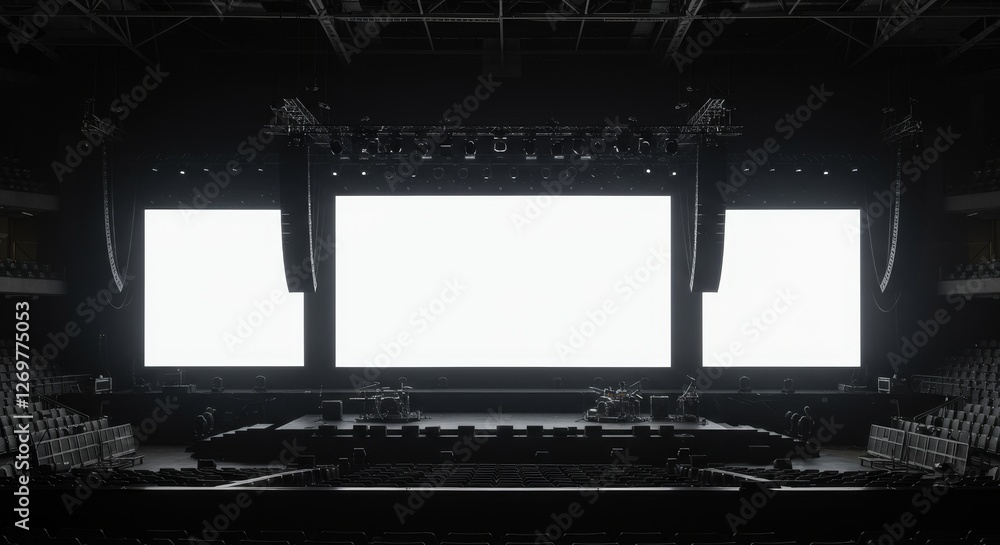 Aufkleber empty stage with large screens and lighting setup - a large empty stage featuring three prominent sc