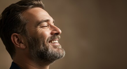 Obraz premium Happy man smiling with beard cheerful expression close up - A joyful man with a beard shows a cheerful smile, radiating positivity, confidence, and warmth, against a soft blurred background
