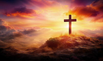 Wooden cross on hilltop at sunrise with vibrant clouds and rays of light