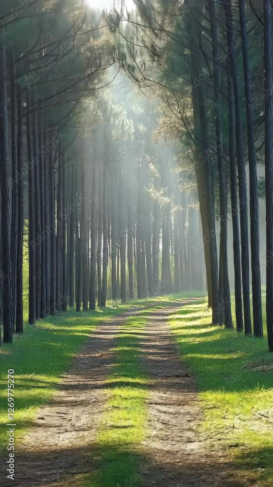 Poster sunlight filtering through trees along a tranquil path in a lush forest during early morning