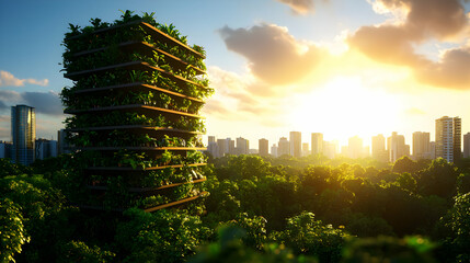 Obraz premium Futuristic Green City Building Covered in Plants Against a Sunset with Blue Sky and Cityscape Background