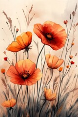 Soft Watercolor Wildflowers, Peach And Ivory Background, Delicate Floral Illustration For Design