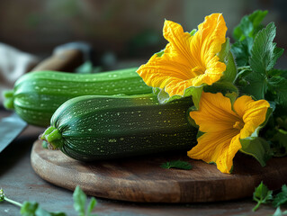 Fresh Zucchini with Flower on Rustic Board