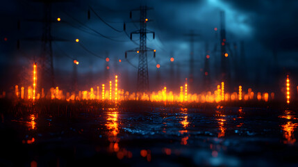 Obraz premium Futuristic Urban Landscape With Illuminated Power Lines and Electricity Pylons Under a Dark Blue Sky Reflecting on Water