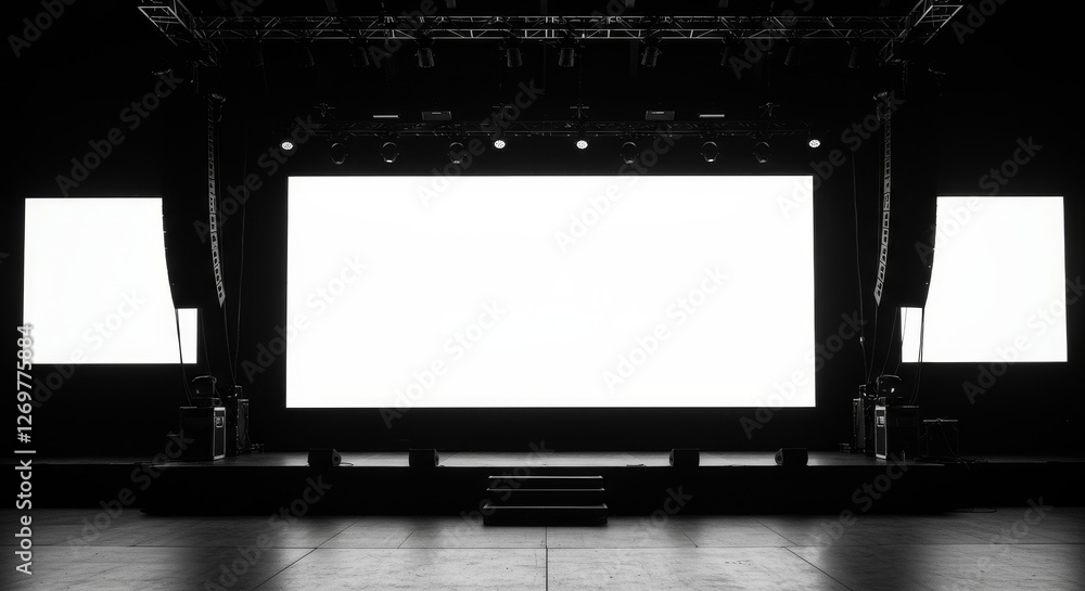 Poster empty stage with screens and lights - a minimalist stage setup featuring large screens and spotlight