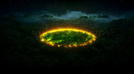Glowing Circular Field Enclosed by Green Grass and Trees Under Starry Night Sky in Dark Setting