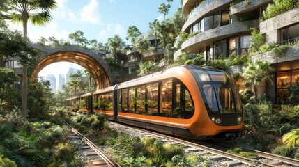 Naklejka premium Eco-friendly train travels through lush tropical city