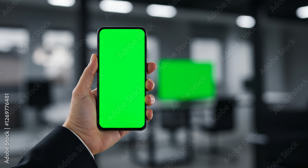 Poster hand holding smartphone with green screen in office setting - a person holds a smartphone displaying