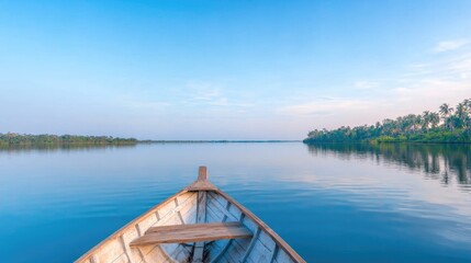 Obraz premium Wooden boat on calm lake, serene morning landscape, tranquil view, travel