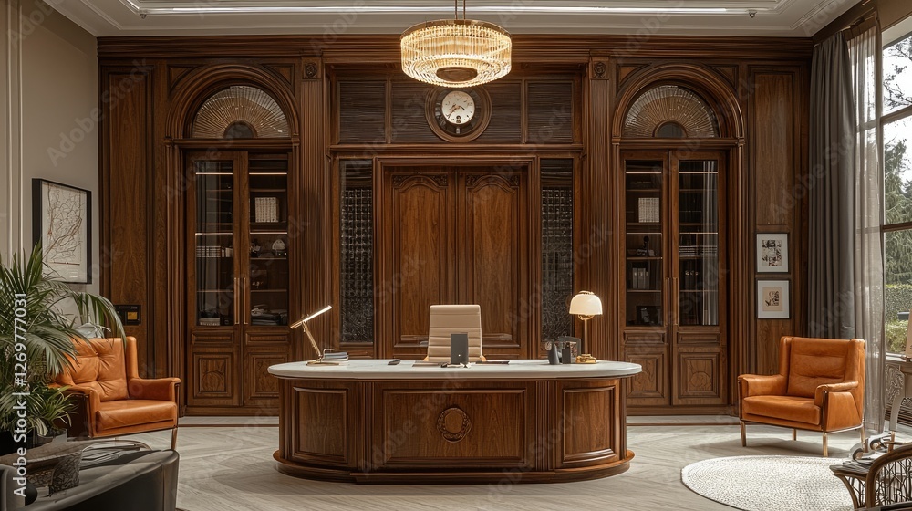 Poster A luxury hall with reception counter and interior design in modern classical style using all walnut timber. Behind the reception counter is an office area covered by clear glass panels.