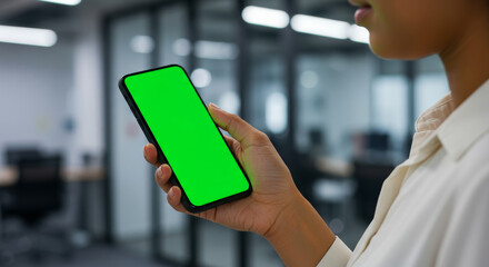Woman Holding Smartphone with Green Screen in Office - A professional woman is holding a smartphone featuring a vibrant green screen. The modern office background enhances the tech-savvy atmosphere