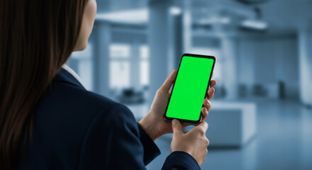 Smartphone in Hand with Green Screen Background - A professional woman holds a smartphone displaying a green screen, symbolizing technology, communication, modernity, business, and innovation