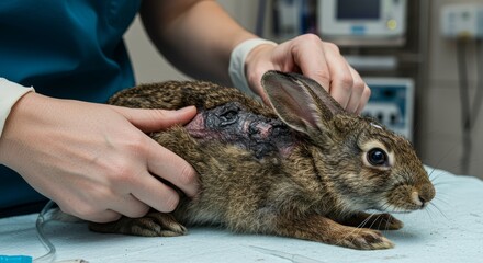 Rabbit Receiving Treatment for Injuries from Forest Fires - A rabbit is receiving care after suffering injuries due to forest fires. Compassion, healing, animal welfare, recovery