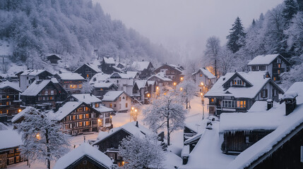 Winter Mountain Village at Dusk