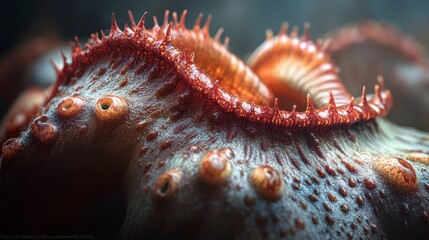 A close-up view of a colorful marine creature, showcasing intricate textures and vibrant hues, emphasizing its unique anatomical features.