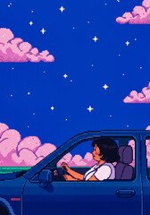 woman driving a car against simple background ideal to use as negative space to add text, illustration in pixelated style