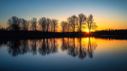 Obraz premium Serene Lakeside Sunset with Trees Reflection
