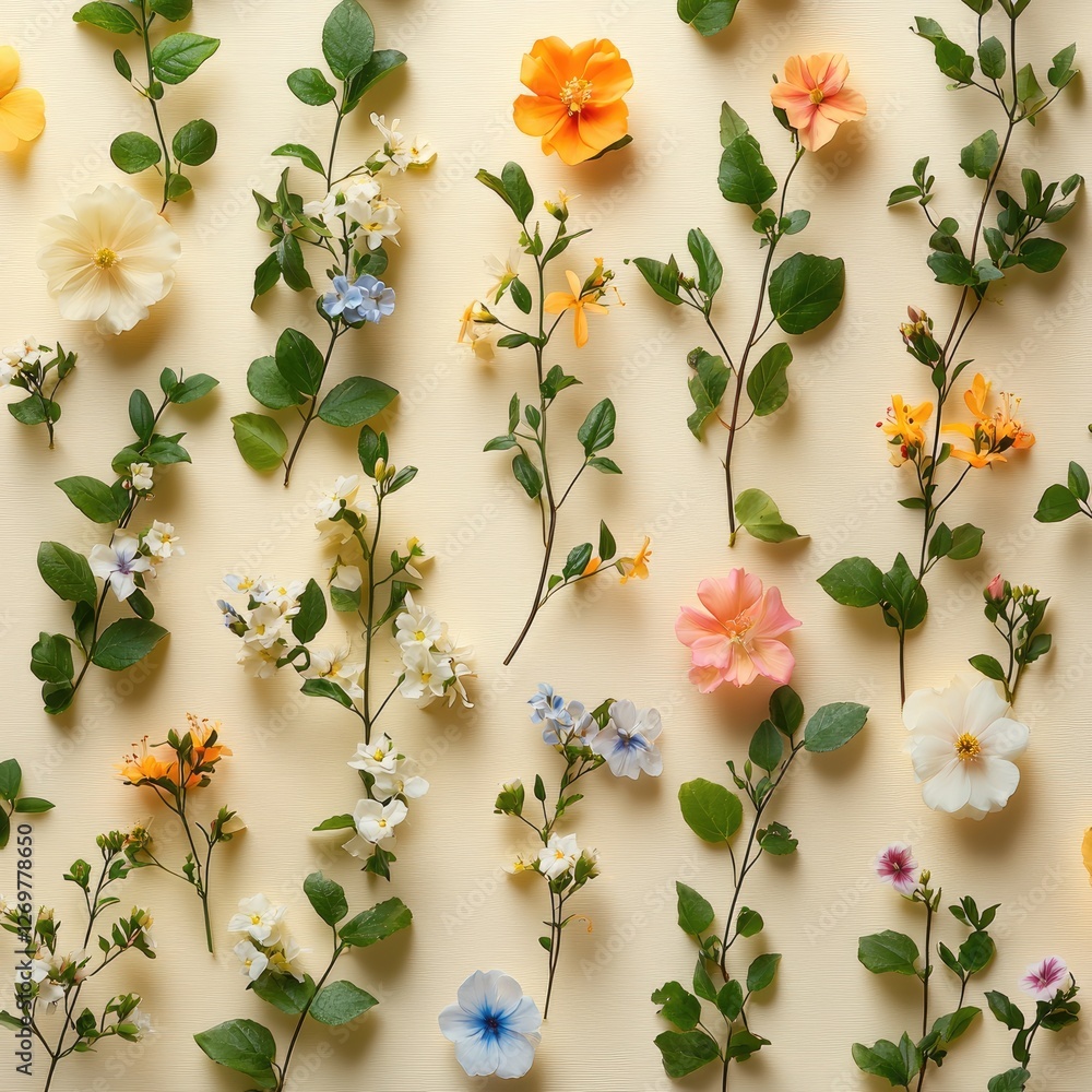 Poster a light beige background with a variety of small flowers and green leaves arranged in a beautiful pa