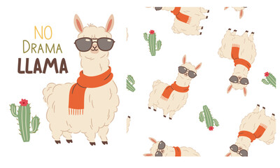 Set of flat vector illustrations for printing on children's products. Seamless vector pattern and print for printing. Cute llama with sunglasses, inscription . Vector illustration © Alena