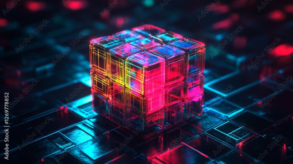 Poster abstract 3d wireframe grid shapes with a futuristic cyber-geometric design on a dark background.