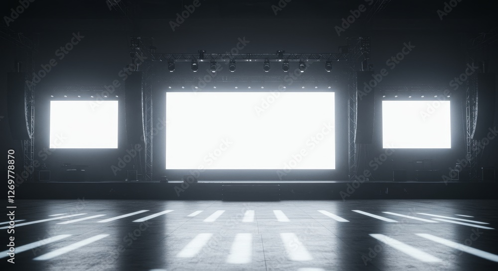Poster bright stage with empty screens for performance - a spacious stage featuring large empty screens wit