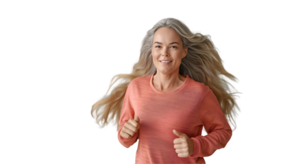 Mature Woman Running Active Lifestyle, Senior Fitness with Grey Hair, isolated on transparent background.