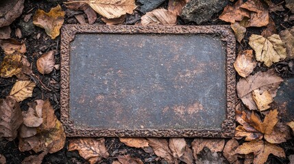 Rusty metal plaque in autumn leaves