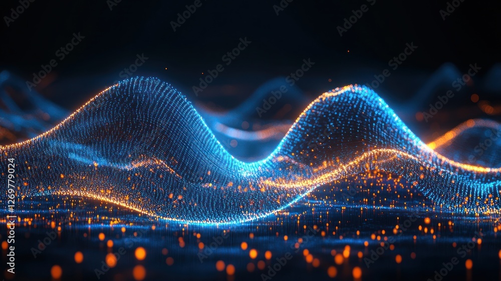 Poster abstract glowing particle waves, futuristic technology background concept