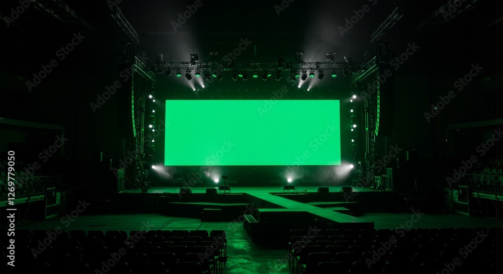 Poster large stage setup with green screen background - a spacious stage setup featuring a large green scre