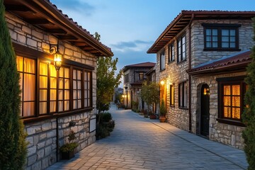Fototapeta premium Warm lights glow from windows along the cobblestone pathways of the old quarter, creating a peaceful ambiance as dusk settles over the city. Visitors can enjoy a tranquil stroll.