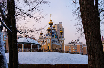Winter landscape of Kyiv: an Orthodox church in Obolon