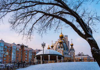Winter landscape of Kyiv: an Orthodox church in Obolon