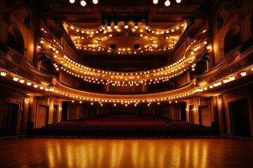 Obraz premium Bright lights illuminate the interior of a grand theater, highlighting its elegant architecture. The warm glow sets a captivating ambiance for an evening performance, silent yet inviting.