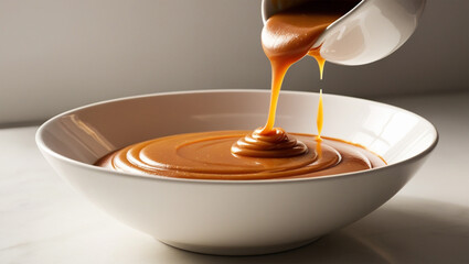 A warm and inviting still life featuring a generous serving of rich, creamy caramel sauce poured into a pristine white bowl, the sauce glistening with a subtle sheen, its golden hue illuminated by sof
