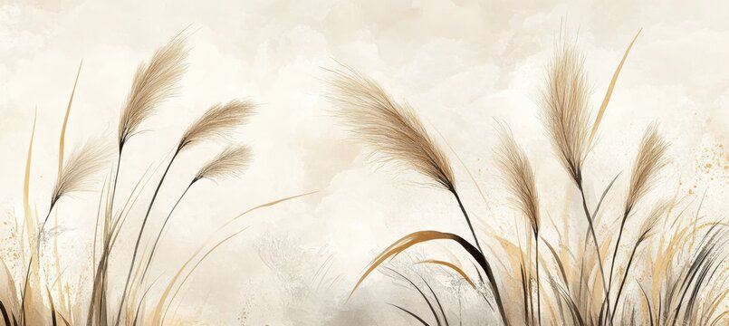 Fototapeta Neutral Watercolor Pampas Grass, Romantic Textured Background, Vintage Beige Botany Art