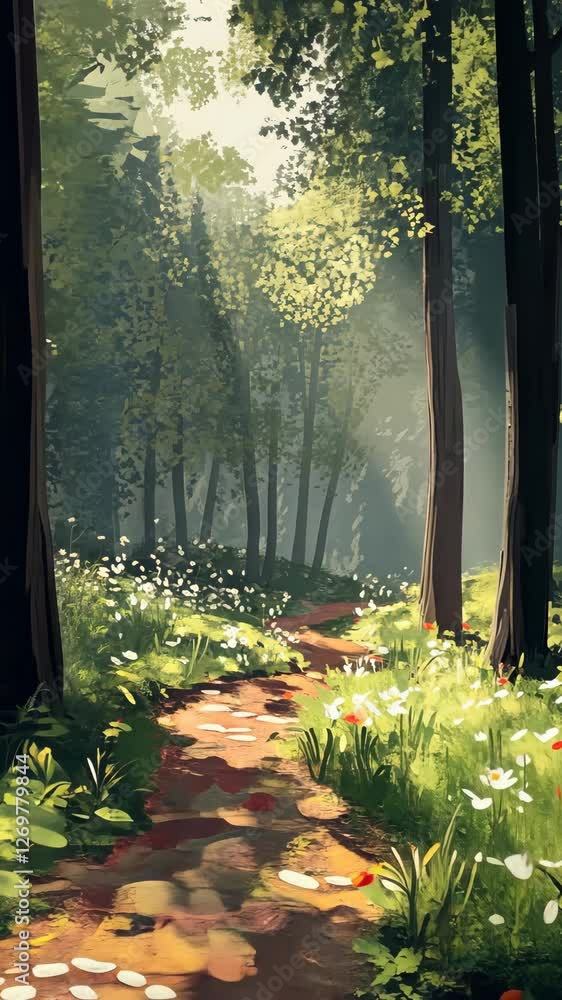 Aufkleber sunlight filters through trees in a tranquil forest path adorned with wildflowers in springtime