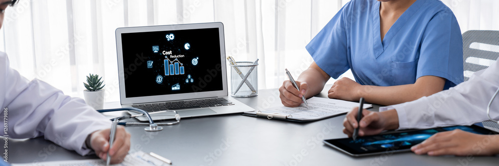 Poster cost reduction, cost saving concept shown on computer screen brisk, corporate business efficiently s