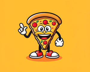 Happy pizza slice character waving on yellow background / Rebanada de pizza feliz saludando sobre fondo amarillo