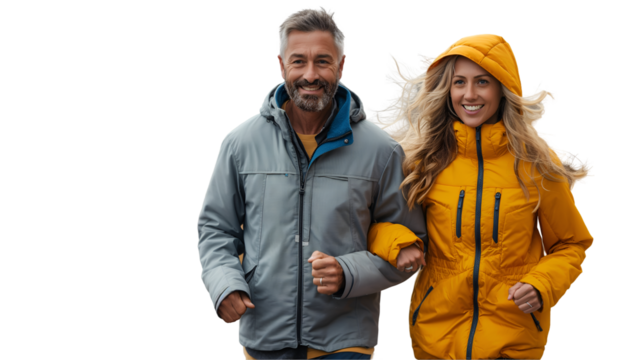 Happy Couple Hiking Autumn Outdoors, Smiling in Winter Jackets for Seasonal Adventure, isolated on transparent background.