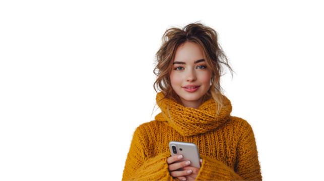 Woman in Yellow Sweater Cozy Style, Smiling with Phone for Modern Displays, isolated on transparent background.