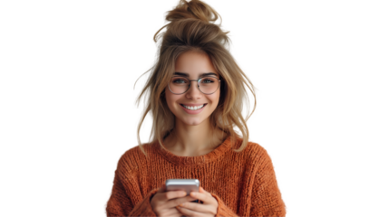 Woman with Glasses Using Phone Stylish Orange Sweater, Happy Young Model, isolated on transparent background.