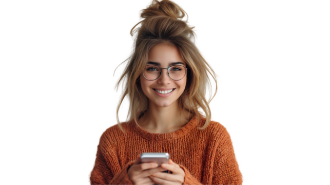 Woman with Glasses Using Phone Stylish Orange Sweater, Happy Young Model, isolated on transparent background.