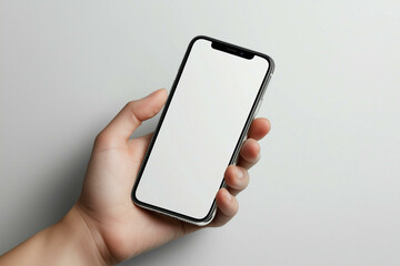 Hand showing mobile phone with empty screen. Human hand holding smartphone with blank display on white background, wireless technology for communication