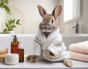 petit lapin en peignoir pour soins esthétique et détente en ia