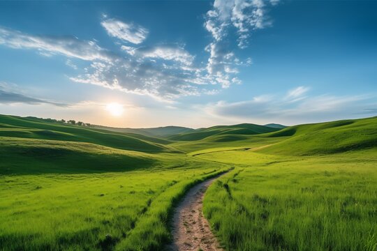 Serene Countryside Path: A winding dirt road meanders through rolling green hills under a vibrant blue sky, the sun casting a warm golden light. The landscape is idyllic and peaceful.